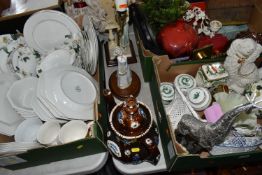 THREE BOXES AND LOOSE CERAMICS, LAMPS, METALWARE AND SUNDRY ITEMS, to include a Measham barge ware