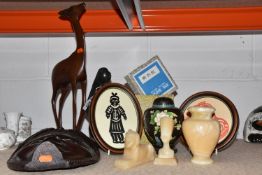 A GROUP OF MIXED ASSORTED SOUVENIR ORNAMENTS to include two framed oriental inspired pictures, a