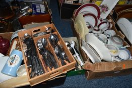 FIVE BOXES AND LOOSE CERAMIC DINNER WARE, KITCHEN WARE AND CUTLERY, to include Viners mid