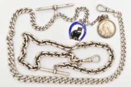 TWO SILVER ALBERT CHAINS, both curb link chains with lobster claw clasps and T-bars, one