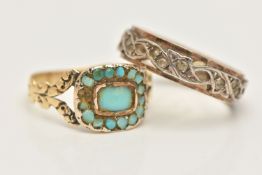 TWO RINGS, the first a yellow metal 19th century ring, set with AF turquoise stones, unmarked,