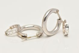 TWO PAIRS OF HOOP EARRINGS, the first a pair of hollow white metal hoops, with lever fittings,