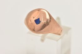 A YELLOW METAL MASONIC RING, a signet ring with a worn engraved masonic symbol, unmarked, ring