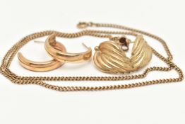 AN ASSORTMENT OF YELLOW METAL JEWELLERY, to include a fine curb link chain, fitted with a spring