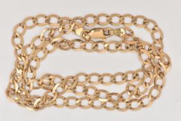 A 9CT GOLD CHAIN NECKLACE, a yellow gold flat curb link chain, fitted with a lobster clasp,