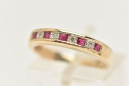 A 9CT GOLD RUBY AND DIAMOND NINE STONE RING, designed as five square cut rubies interspaced by