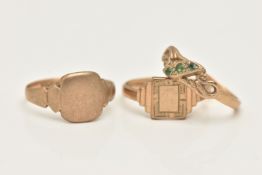 THREE 9CT GOLD RINGS, to include two signet style rings and a ring designed as a central diagonal
