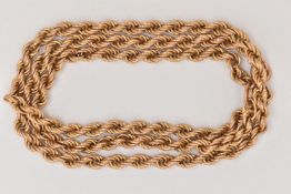 A 9CT GOLD CHAIN NECKLACE, a yellow gold rope chain, fitted with a spring clasp, approximate
