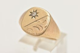 A GENTS 9CT GOLD SIGNET RING, of a rounded form detailed with a foliate pattern and a star set round