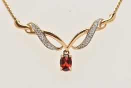 A 9CT GOLD GEM SET NECKLACE, designed as a yellow gold modern festoon style necklace, set with an