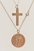 A 9CT GOLD ST CHRISTOPHER PENDANT AND YELLOW METAL CROSS PENDANT, a circular form St Christopher's
