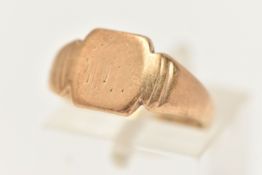 A 9CT GOLD SIGNET RING, a square form signet with tapered shoulders, hallmarked 9ct Birmingham, ring
