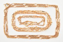 THREE 9CT GOLD CHAINS, to include a box link chain necklace with matching bracelet, and a curb