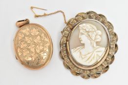 A LOCKET AND A CAMEO BROOCH, the oval locket with engraved ivy leaf decoration to the front,
