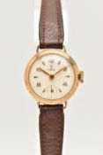 A LADY'S TUDOR WATCH WITH 9CT GOLD HEAD, the white circular face with gold coloured Arabic