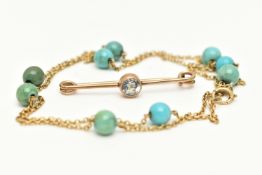 A NECKLACE AND BAR BROOCH, a turquoise station necklace, interspaces with yellow metal trace