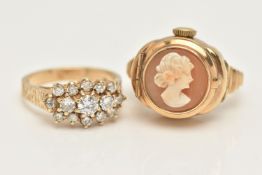 A 9CT GOLD DIAMOND CLUSTER RING AND A CAMEO WATCH RING, the cluster set with round brilliant cut