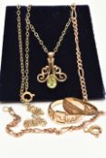 A SELECTION OF JEWELLERY, to include a 9ct gold scrolling peridot pendant suspended from fine