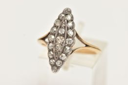 AN EARLY 20TH CENTURY DIAMOND RING, of marquise shape outline, set with old cut diamonds to the