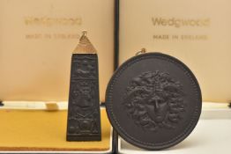 TWO LARGE 'WEDGWOOD' PENDANTS, the first a circular form black basalt pedant depicting Medusa,