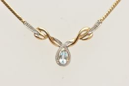 A 9CT GOLD GEM SET NECKLACE, designed as a yellow gold modern festoon style necklace, set with a