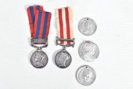AN INDIA MUTINY MEDAL AND AN INDIA GENERAL SERVICE MEDAL WITH PEGU CLASP, the Mutiny medal is