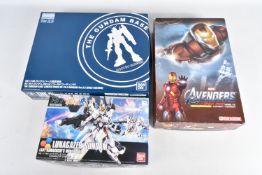 THREE BOXED UNBUILT MODEL SCALE ACTION FIGHTER FIGURE KITS, to include a HG Ban Dai Lunagazer Gundam