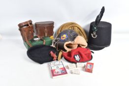 A COLLECTION OF MILITARY HATS, TOW SETS OF BINOCULARS, boxes of Air Pistol Slugs and some modern