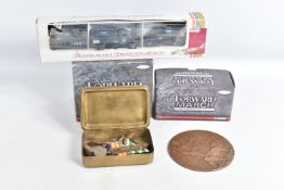 A WWI MEMORIAL PLAQUE, princess Mary tin, badges, modern medals, the memorial/ death plaque is named