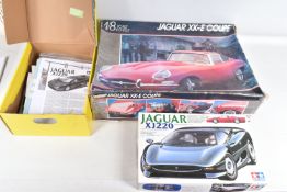 THREE UNBUILT JAGUAR KITS, to include a boxed 1:8 scale Monogram Jaguar XK-E Coupe kit, part