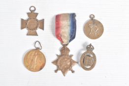 A 1914 MONS STAR, WWI victory medal, 1915 on War service badge, WWI German cross and a 1939 Boxing