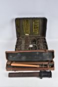 A 1943 WWII GUN SIGHT, A MILITARY PERISCOPE AND A CASED RADIO DEVICE, the periscope has a broad