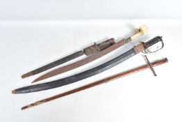 THREE VARIOUS SWORDS AND A BOYONET, this lot includes a Balkan Yataghan sword, this is usually