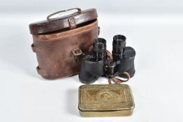 A WWII 1944 DATED PAIR OF BINOCULARS AND A WWI PRINCESS MARY TIN, the binoculars have got the