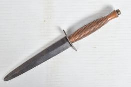A FAIRBAIRN SYKES COMMANDO KNIFE, this has an un-marked blade and a wire bound handle but is missing