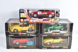 FIVE BOXED 1:18 SCALE DIE CAST MODEL VEHICLES, to include four Bburago, a Jaguar 'E' Cabriolet, item