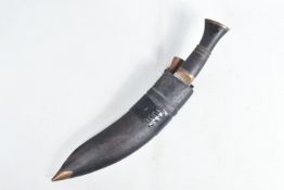 A KUKRI STYLE KNIFE IN ITS ORIGINAL SHEAF, the blade is not decorated and shows some age related