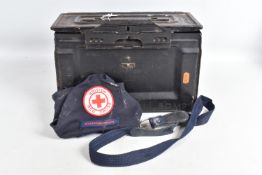 A 50 CALIBER AMMO BOX AND BRITISH RED CROSS CLOTH ARM PATCHES, and a thin blue uniform belt, the Red