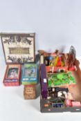 A QUANTITY OF ASSORTED TOYS, to include boxed Romanian made lithographed tinplate clockwork Teddy