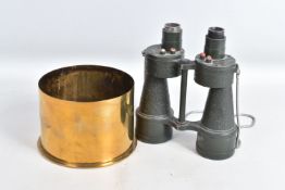 A PAIR OF BINOCULARS AND A 1918 DATED TRENCH ART SHELL, the binoculars are green in colour and the