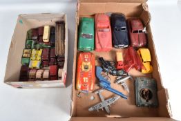 A QUANTITY OF UNBOXED AND ASSORTED PLAYWORN DIECAST, TINPLATE AND PLASTIC VEHICLES AND OTHER TOYS,