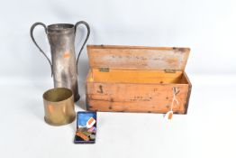 A COLLECTION OF ASSORTED MEDALS, TRENCH ART AND A WOODEN BOX, the medals include a WWI Victory medal