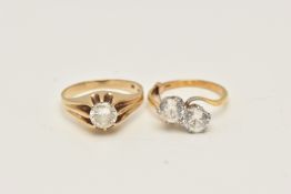 TWO YELLOW METAL RINGS, to include a cubic zirconia single stone ring within an extended eight