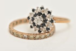 TWO GEM SET RINGS, the first a 9ct gold, sapphire and diamond tiered cluster ring, to a polished