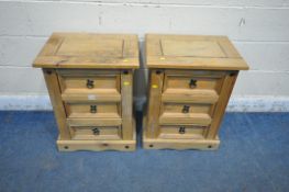 A PAIR OF CORONA PINE THREE DRAWER BEDSIDE CHESTS, width 53cm x depth 40cm x height 67cm (
