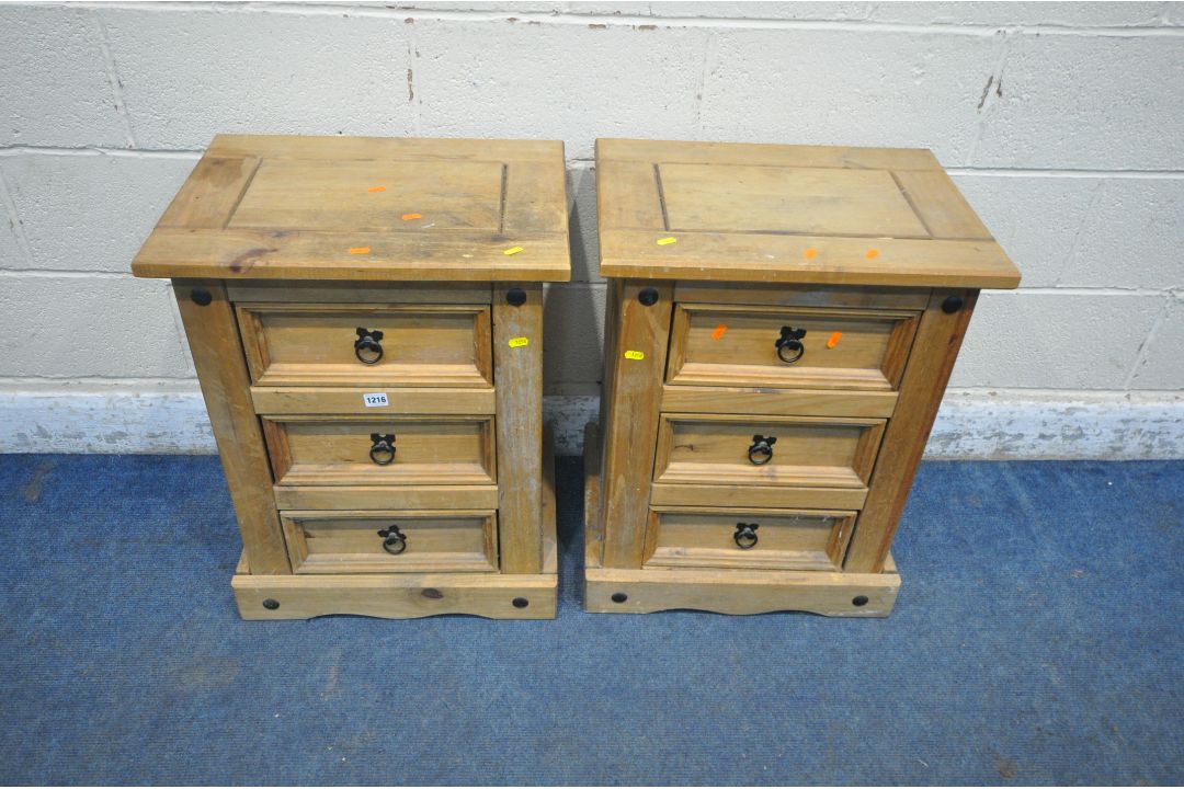 A PAIR OF CORONA PINE THREE DRAWER BEDSIDE CHESTS, width 53cm x depth 40cm x height 67cm ( - Image 1 of 3