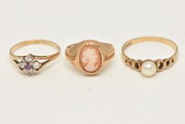 A SELECTION OF THREE 9CT YELLOW GOLD RINGS, to include an amethyst and cubic zirconia cluster