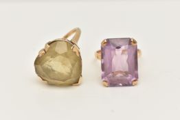 TWO YELLOW METAL GEM SET RINGS, to include an amethyst single stone ring, stamped 9ct, ring size
