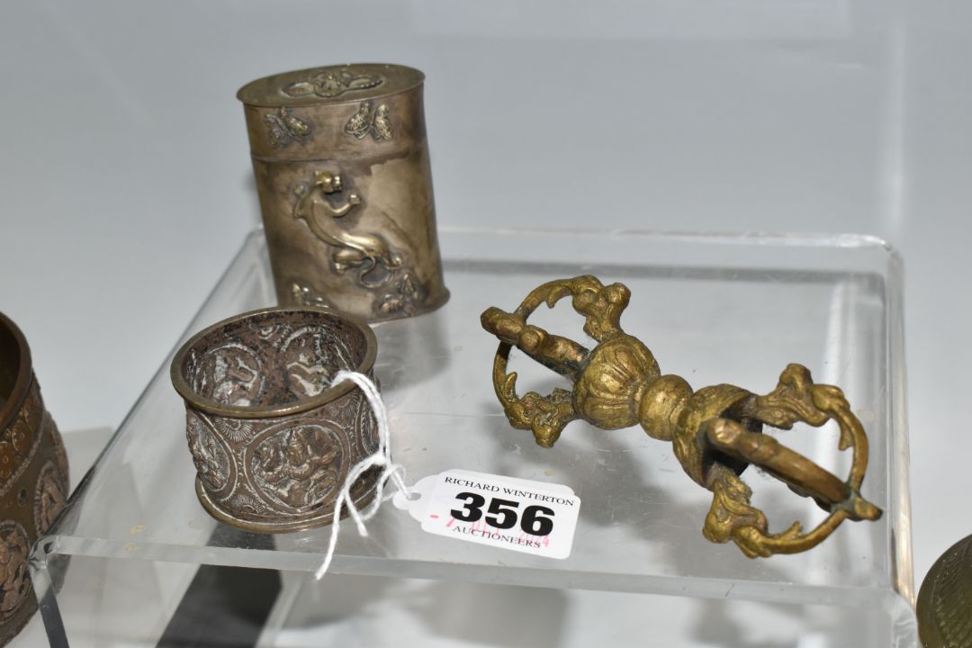 A GROUP OF ASIAN METAL WARE, possibly Tibetan and Indian in origin, comprising a napkin ring - Image 3 of 9