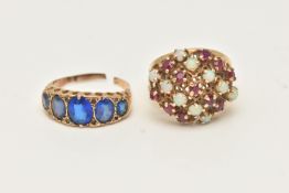 A YELLOW METAL RUBY AND OPAL DRESS RING AND A GARNET TOPPED DOUBLET FIVE STONE RING, the first set